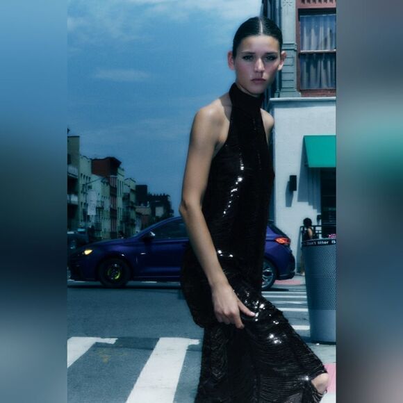 ZARA NEW WOMAN MIDI HALTER NECK KNIT DRESS WITH SEQUINS BLACK S - Picture 4 of 10